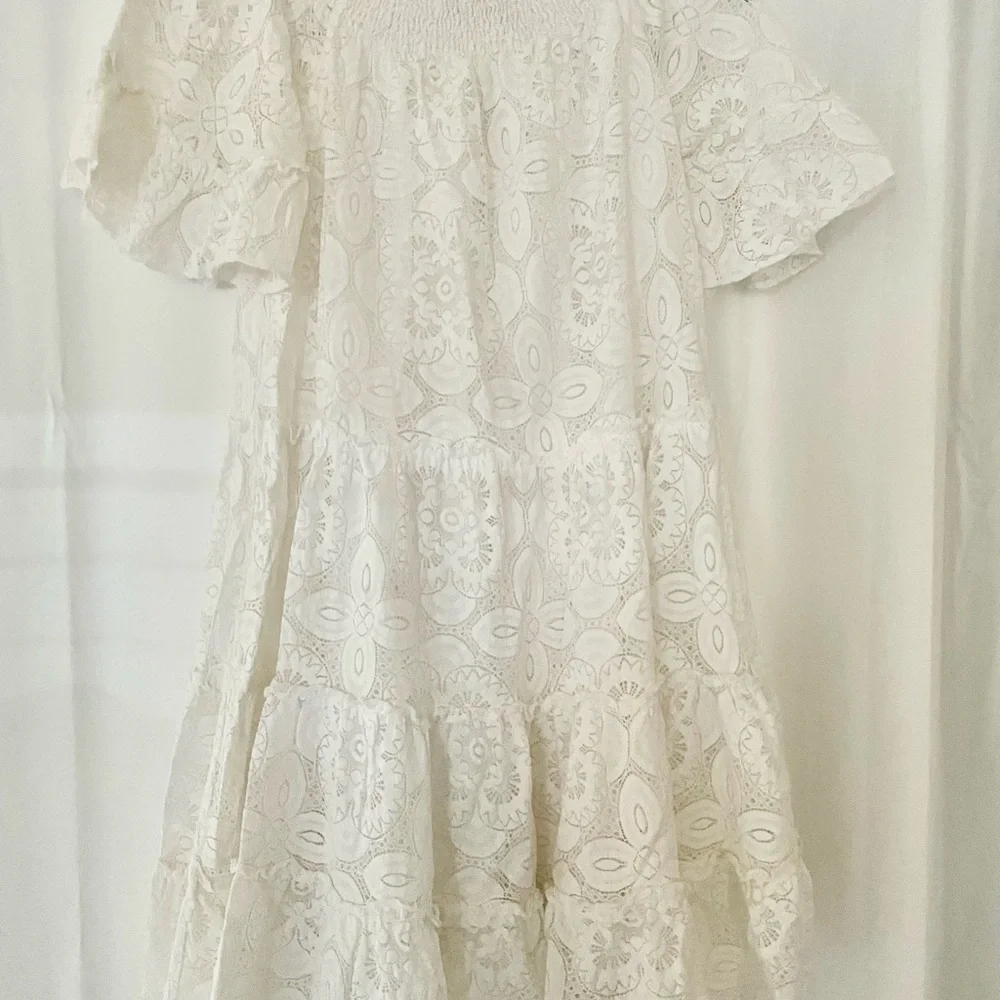 White Ruffled Pleated lace small women’s midi lined dress milkmaid coquette